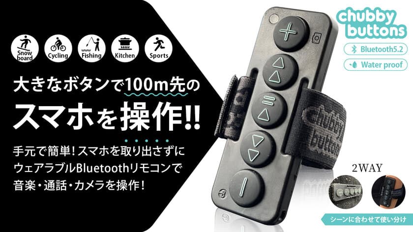 〔もうスマホは見ない触らない！〕
スポーツや家事をしながらスマホ操作可能なウェアラブル 
Bluetooth リモコン『Chubby Buttons 2』日本登場！！