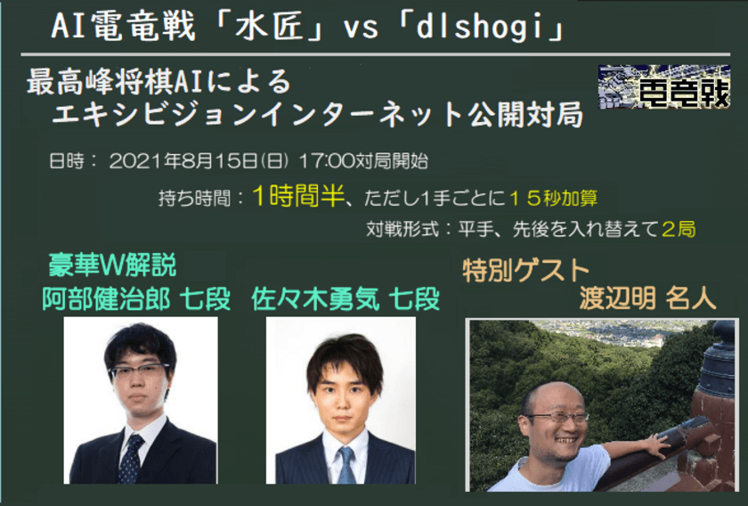 最高峰将棋AIによるエキシビジョン公開対局
“AI電竜戦「水匠」vs「dlshogi」”2021年8月15日開催！
解説にプロ将棋棋士2名、ゲストは渡辺名人