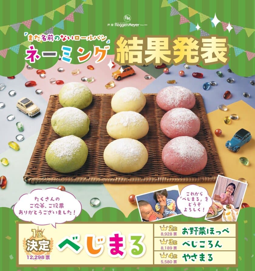 「まだ名前のないロールパン」ネーミング募集 結果発表！
投票総数34,000票超えの中から「べじまる」が誕生