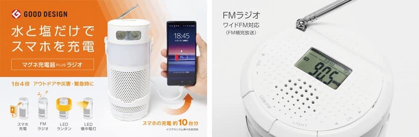 水を加えて発電する“マグネ充電器”に、ラジオ機能を搭載した
「マグネ充電器PLUSラジオ」を11月1日(月)より販売開始！
～クラウドファンディングサイト『CAMPFIRE』にて
先行予約販売中！～