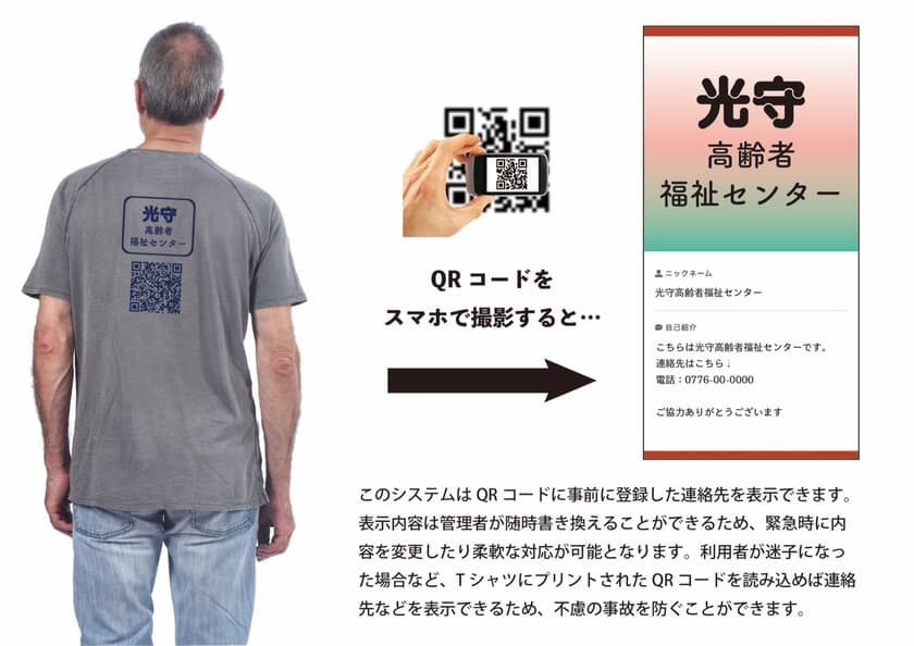 可変QRコード付きTシャツで認知症や徘徊老人を救え！
犬猫のペット服に付けて迷子探し