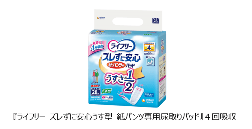 高齢者の動作性や環境にも配慮した
“うすさ約1／2”紙パンツ用パッド
『ライフリー ズレずに安心うす型　
紙パンツ専用尿取りパッド』4回吸収　新発売