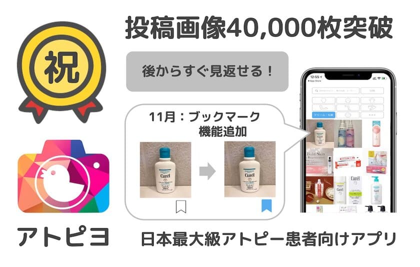 日本最大級のアトピー患者向けアプリ「アトピヨ」が
後からすぐに見返せるブックマーク機能を11月追加予定！　
～投稿画像4万枚のうち、1万枚をアプリ内で公開中～