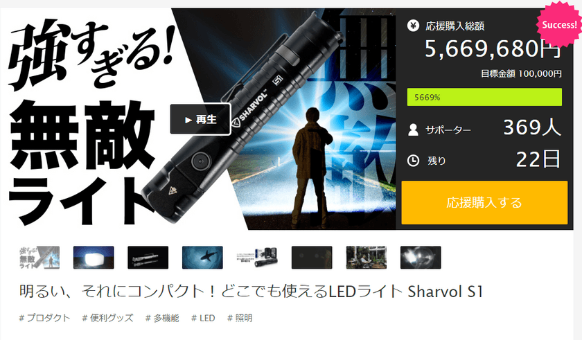 無敵のライト Sharvol S1 LEDコンパクトライト　
クラファン目標金額5669％を達成