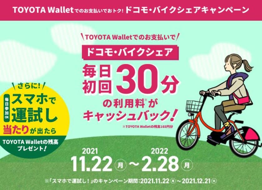 ―TOYOTA Wallet×ドコモ・バイクシェア協業記念―
　シェアサイクル利用料金が毎日初回30分無料！＆
QRを読み込んでその場でTOYOTA Walletの残高が当たるクジも
『TOYOTA Walletでのお支払いでおトク！
ドコモ・バイクシェアキャンペーン』
2021年11月22日(月)から開始