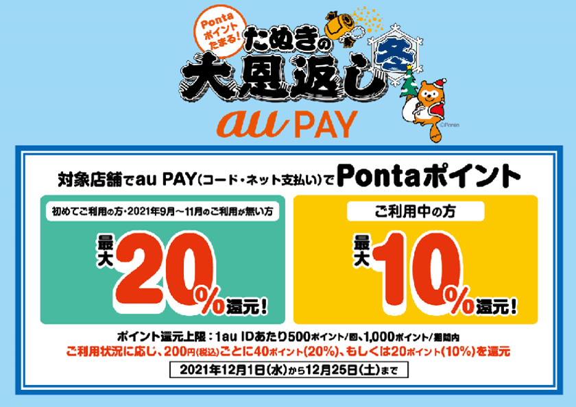 au PAY、最大20％のPontaポイントを還元する
「たぬきの大恩返し 冬」を開催