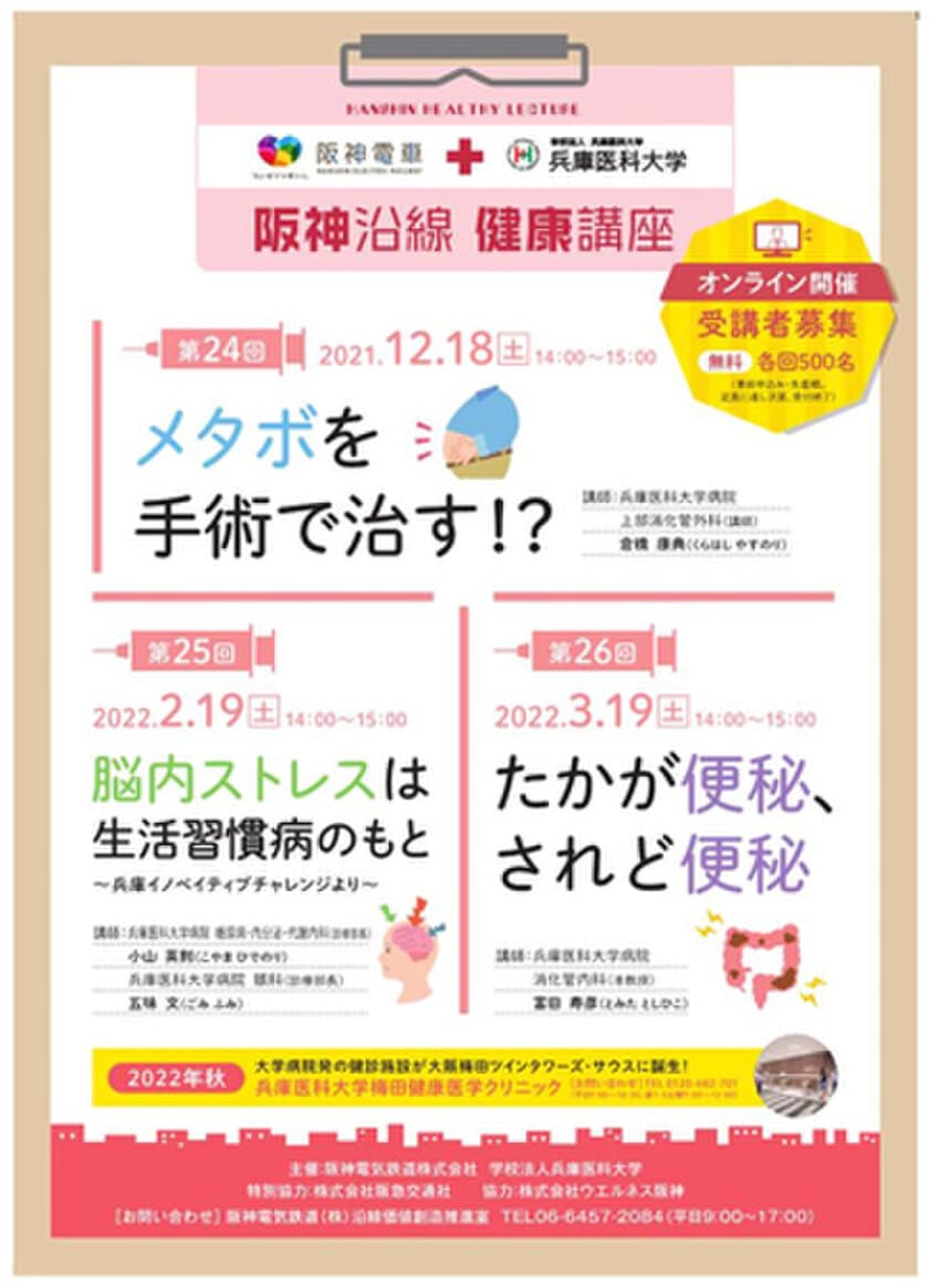 「阪神沿線健康講座」 初のオンライン開催！
～「身近な病気」をテーマに兵庫医科大学病院のドクターが詳しく解説～