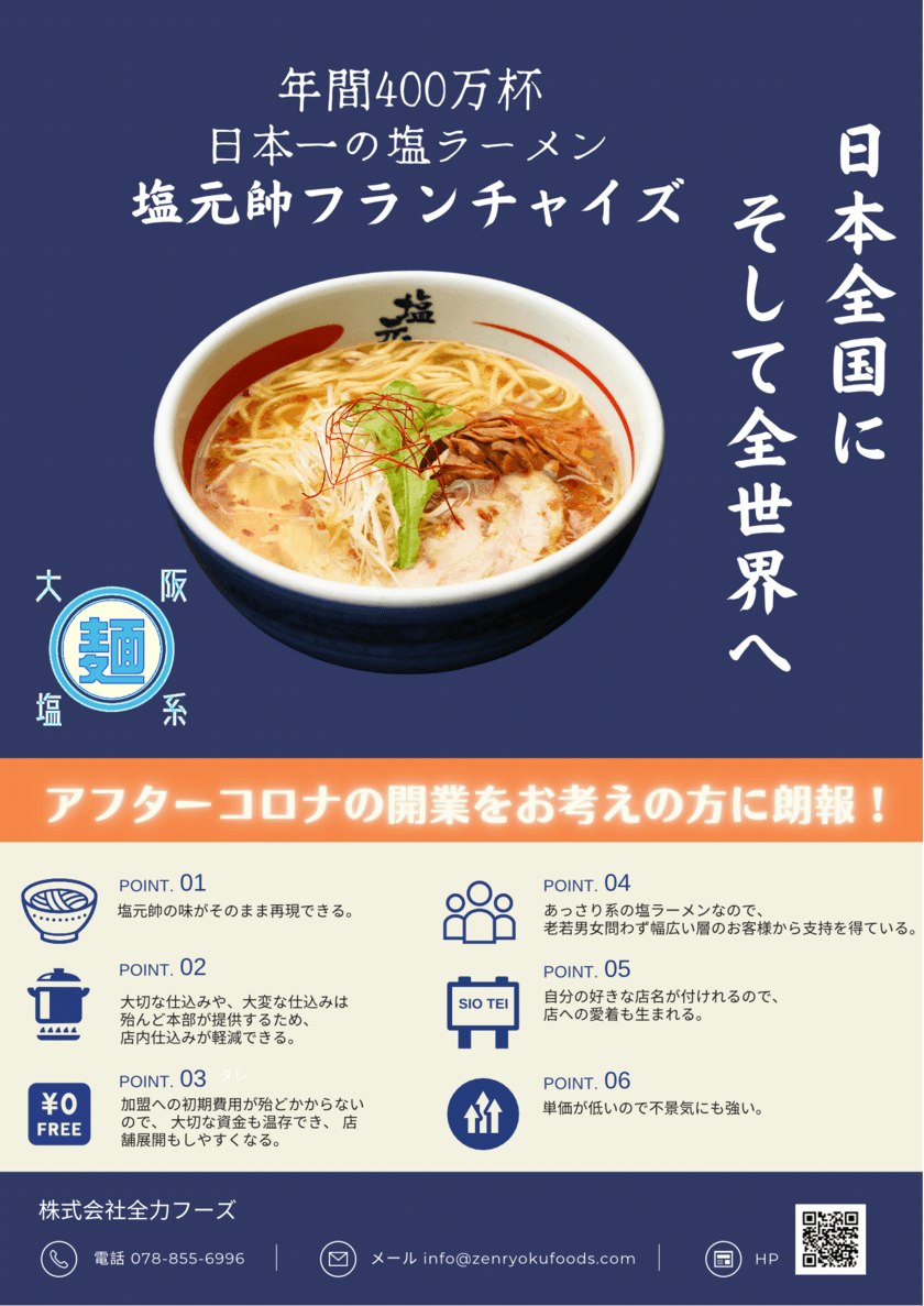 西日本の大繁盛店“塩元帥”のFC事業「大阪塩系ラーメン」が
2022年2月 神奈川県に初進出