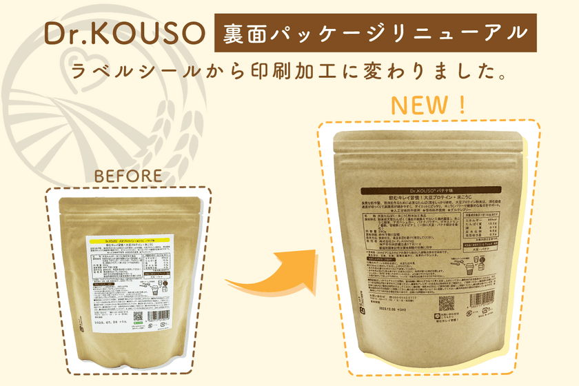 米こうじ入り美容大豆プロテイン「Dr.KOUSO」のパッケージが
リニューアル！環境に配慮したラベルレス化デザインに