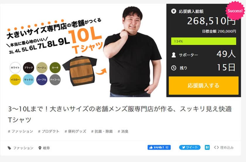 10LサイズまでのメンズTシャツをつくる応援購入サービス、
目標金額達成！Makuakeにて1/20までプロジェクト実施