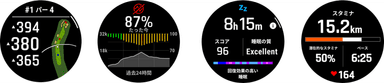 左からゴルフ機能、血中酸素トラッキング、睡眠スコア付き睡眠モニタリング、リアルタイムスタミナ