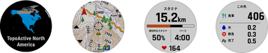 左から、海外大陸地図、GNSSマルチバンド、リアルタイムスタミナ、コースポイント表示