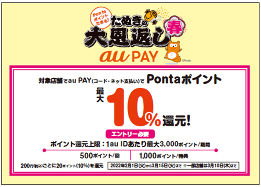 au PAY、最大10％還元の大規模キャンペーン
「たぬきの大恩返し 春」を2月1日から開催