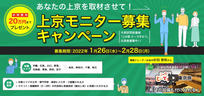 “初期費用20万円までプレゼント！”
お部屋探しサイト「ウチコミ！」が上京取材対象者募集の
「上京モニター募集キャンペーン」を2022年1月26日より開始