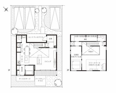 1階に大空間リビング、2階に広々としたフリースペースを設けたFさん邸の間取り　2階のフリースペースは、本棚を置いて半個室化することも可能