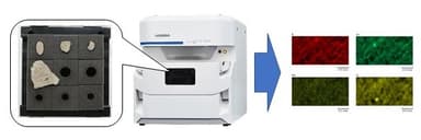 収集した軽石と独自開発の治具(左)／蛍光X線分析装置(中)／成分分析のイメージ図(右)
