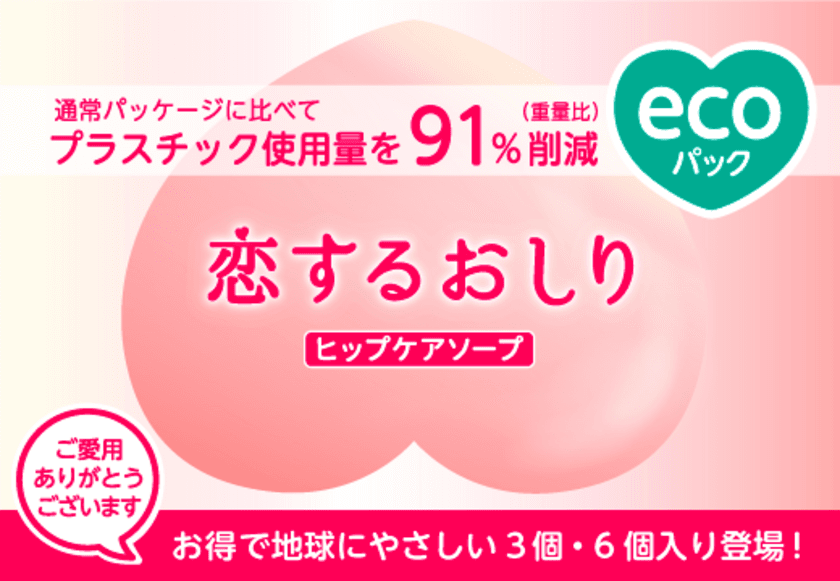 『恋するおしり　ヒップケアソープ』
プラスチック使用量を91％削減したエコパックとして
ペリカン石鹸から2月7日に発売