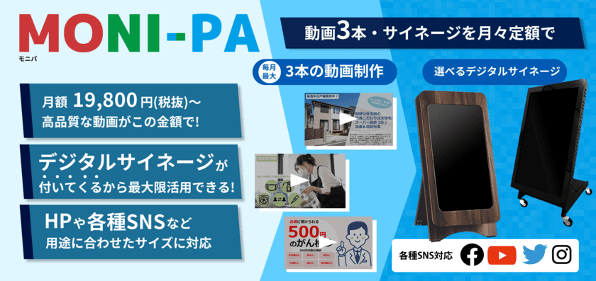 デジタルサイネージと動画制作がセットになった
「MONI-PA(モニパ)」の全国対応を開始