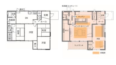 Tさんのお住まいのリフォーム前(左)とリフォーム後(右)の間取り