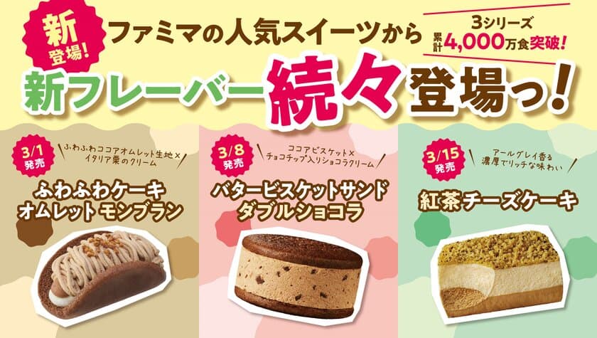 ファミマ スイーツの春到来！
3シリーズ累計4,000万食を販売。
人気スイーツの新作が3週連続で登場！
こだわりの新フレーバーを3月1日（火）より順次発売！