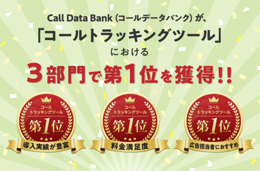 ＜導入実績が豊富なコールトラッキングツール No.1＞など、
電話成果を含めた広告効果を100％計測、一元管理可能な
「コールデータバンク」が、計3部門で第1位を獲得