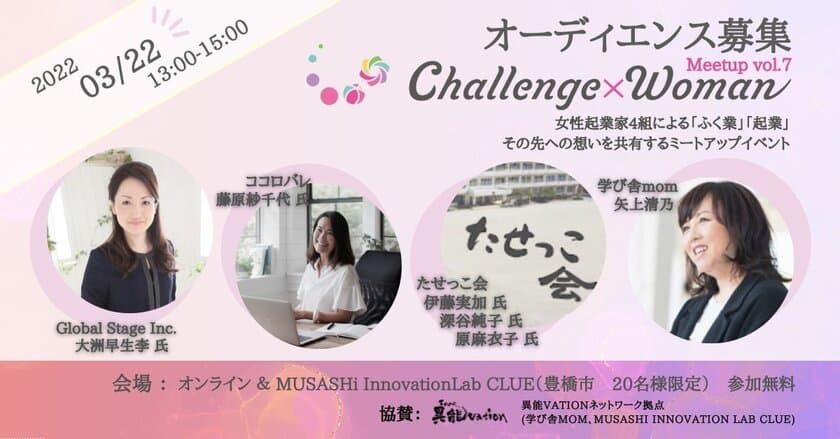 「『起業』『ふく業』からその先へ！
Challenge×Woman Meetup vol.7」を3月22日に
愛知県豊橋市とオンラインで開催