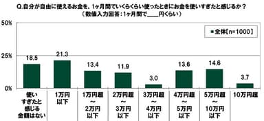 自分が自由に使えるお金を、1ヶ月間でいくらくらい使ったときにお金を使いすぎたと感じるか？