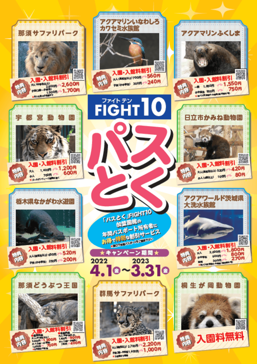 福島・茨城・栃木・群馬の動物園と水族館がお得に楽しめる
FIGHT10「パスとく」キャンペーンを4/1から開始！