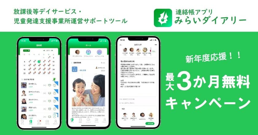 連絡帳アプリ「みらいダイアリー」最大3か月間無料トライアルを
放課後等デイサービス・児童発達支援事業所対象で開始