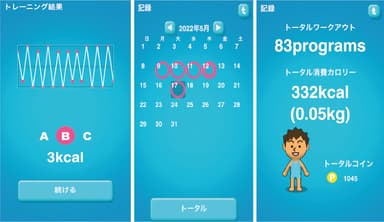 カレンダー機能とトレーニング結果画面