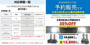 バルブ形状がD1S、D3Sの車種であれば取付可能！予約特典で35％オフは6月5日まで！