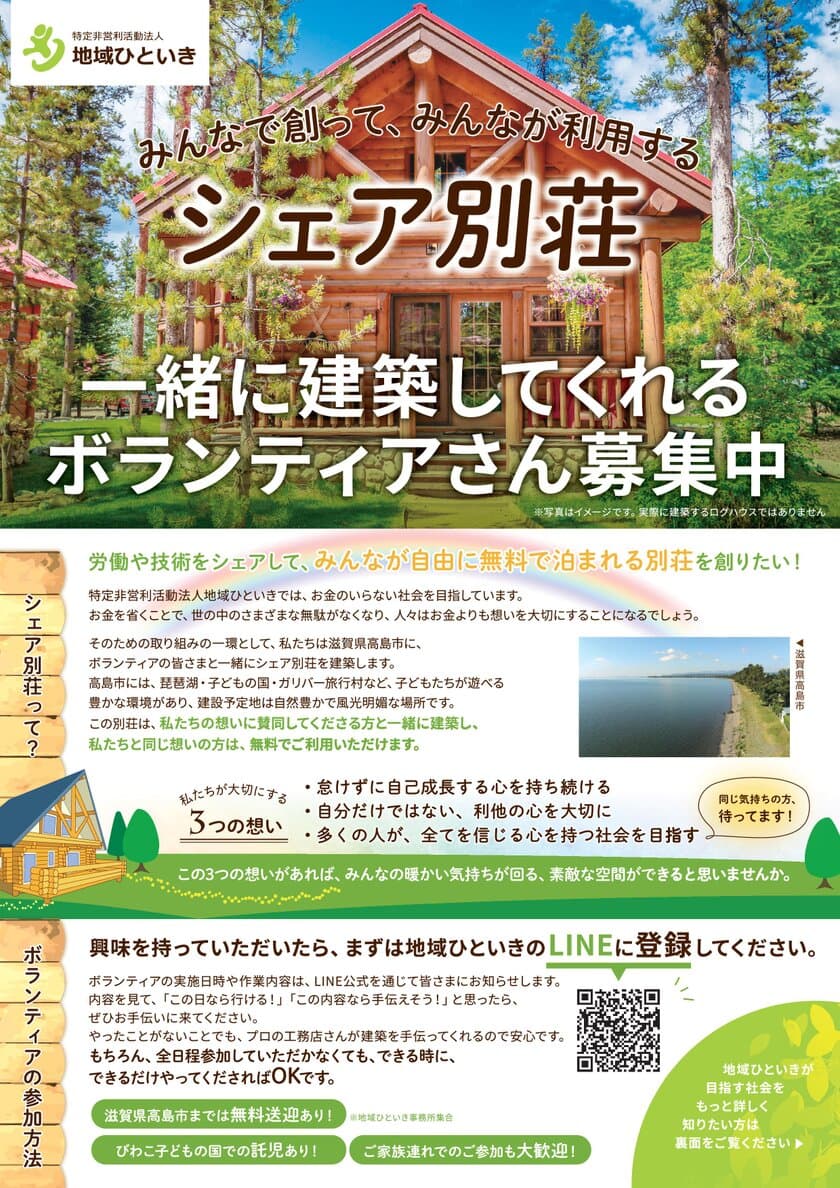 みんなで創って、みんなが利用する
“無料シェア別荘建築”(滋賀県高島市)の
クラウドファンディングを開始　
～お金を無くし、想いが廻る世界を目指して～