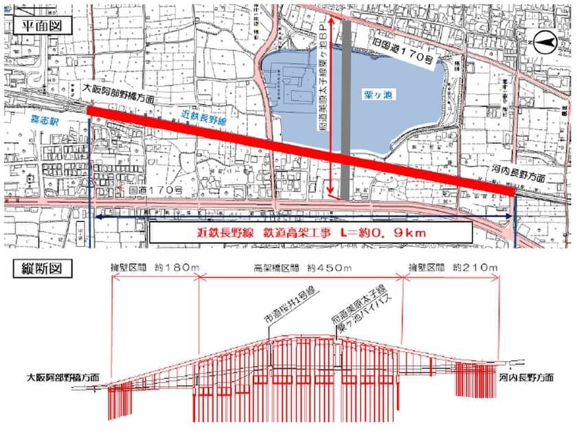 近鉄長野線高架化事業
６月４日（土）、上り線（大阪阿部野橋方面）を高架化します。