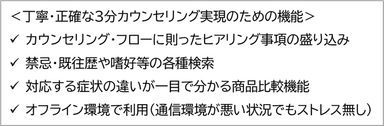 丁寧・正確な3分カウンセリングを実現する機能