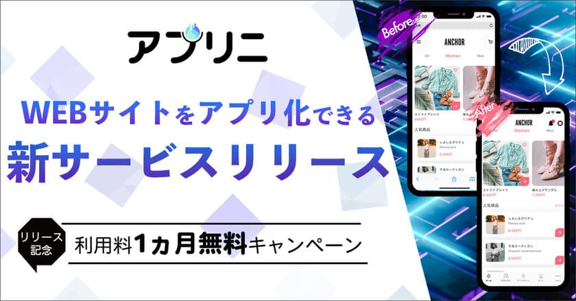 あらゆるWebサイトを低コストでアプリ化できる
新サービスを提供開始！
リリース記念 1ヵ月無料キャンペーンを実施