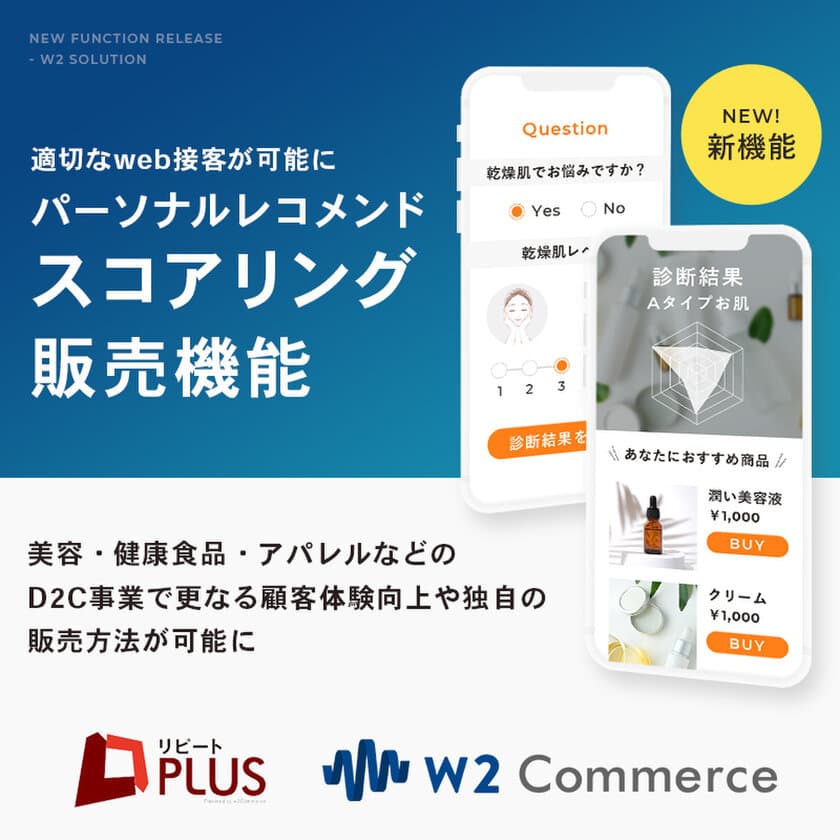 D2C定期通販ECサイトシステム「リピートPLUS」・
オムニチャネル対応型総合ECサイトシステム「w2Commerce」
で適切なweb接客が可能になる
「パーソナルレコメンド スコアリング販売機能」を
オプションサービスに追加。