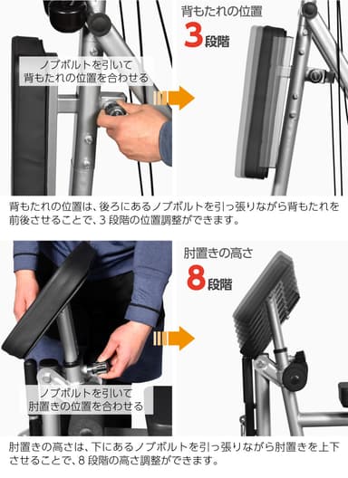 背もたれ・肘置き調節可能