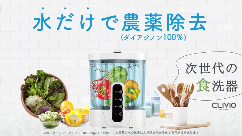 開始3日で1,523万円、達成率5,076％、支援者数438人！
水だけで残留農薬(ダイアジノン100％)、細菌99％除去。
次世代型・食品洗浄器『CLIVIO(クリビオ)』　
Makuakeにて8月31日(水)まで販売