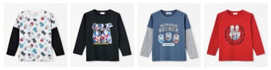 ウルトラディメンションカード付きキッズ長袖Tシャツ　※左から白・黒・くすみブルー・赤