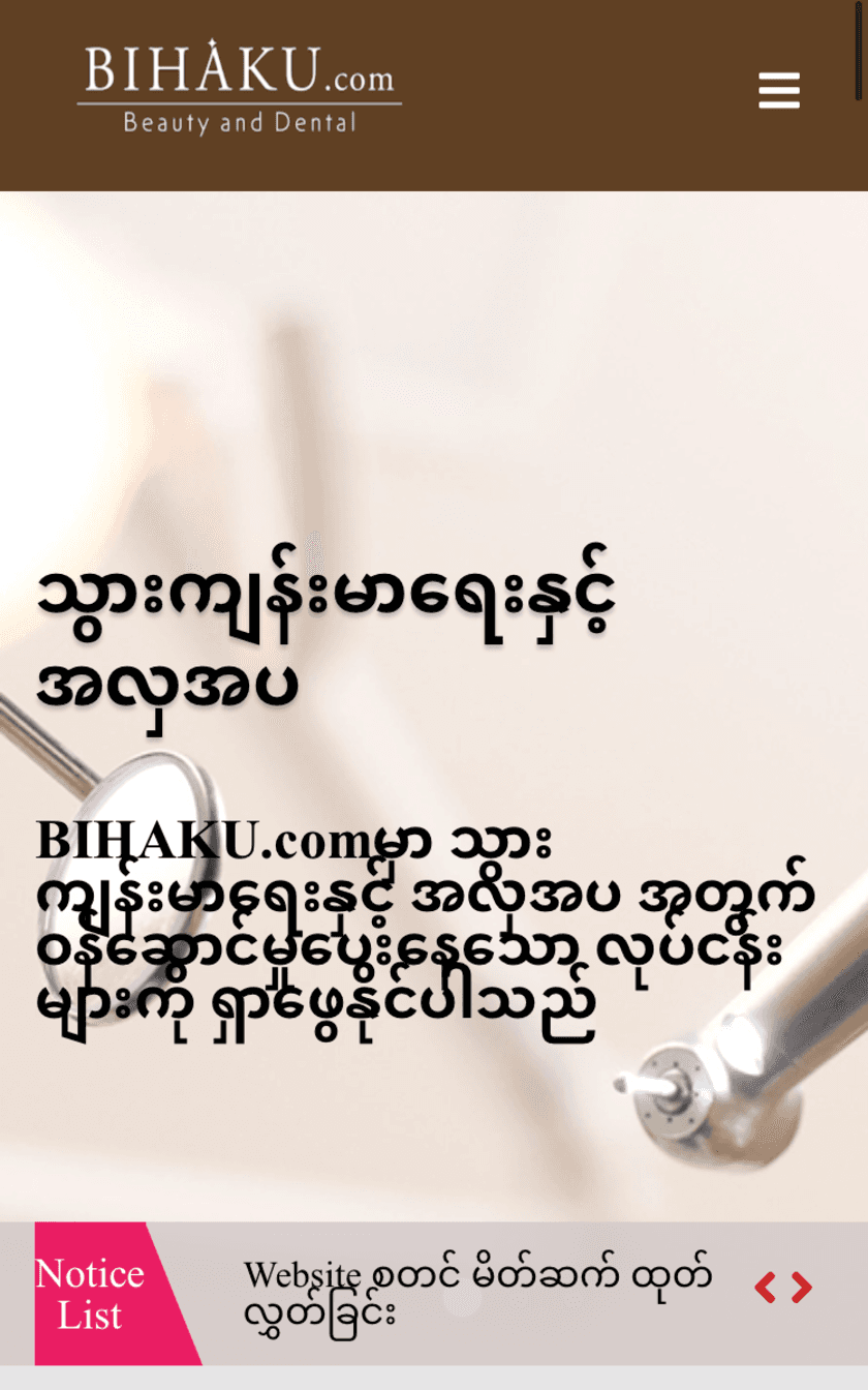 “人とクリニックを「つなぐ」”
日系企業がミャンマーで初となる歯科・美容検索サイトを公開！
【ミャンマー】歯科・美容無料検索サイト「BIHAKU.com」
2022年7月1日オープン