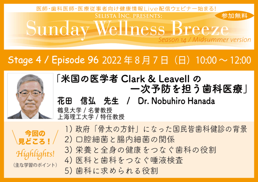 《医師・歯科医師・薬剤師・医療従事者限定
無料オンラインセミナー》
『米国の医学者Clark＆Leavellの一次予防を担う歯科医療』
講師：花田 信弘先生(鶴見大学／名誉教授、
上海理工大学／特任教授)　
2022年8月7日(日)10:00～12:00 Zoom Live配信セミナー
“Sunday Wellness Breeze”