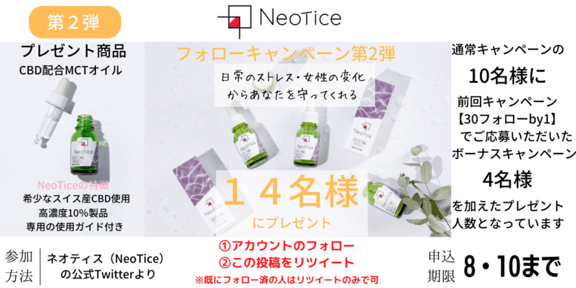 「ネオティス(Neotice)」、CBDオイルのフォロー＆リツイートの
第2弾キャンペーンとして8月10日まで
14名様にCBDオイルプレゼント企画を実施！