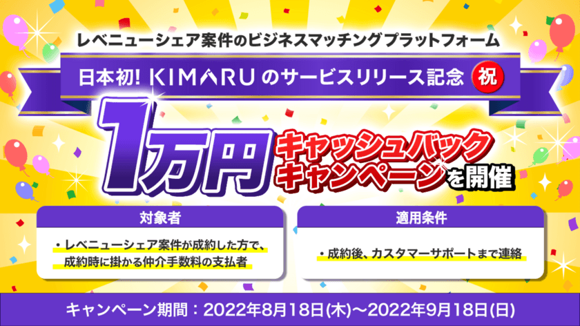 日本初！レベニューシェア案件の
ビジネスマッチングプラットフォーム「KIMARU」が、
リリース記念“1万円キャッシュバックキャンペーン”を
期間限定で開催！