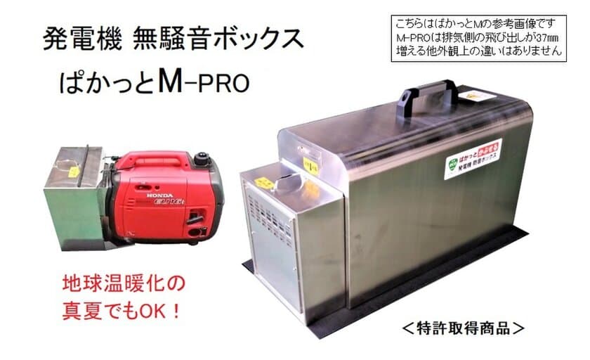 酷暑日対応のポータブル発電機用防音ボックス
「ぱかっとM-PRO」を9月1日に新発売！
真夏の異常な高温へ対応可能な設計に進化