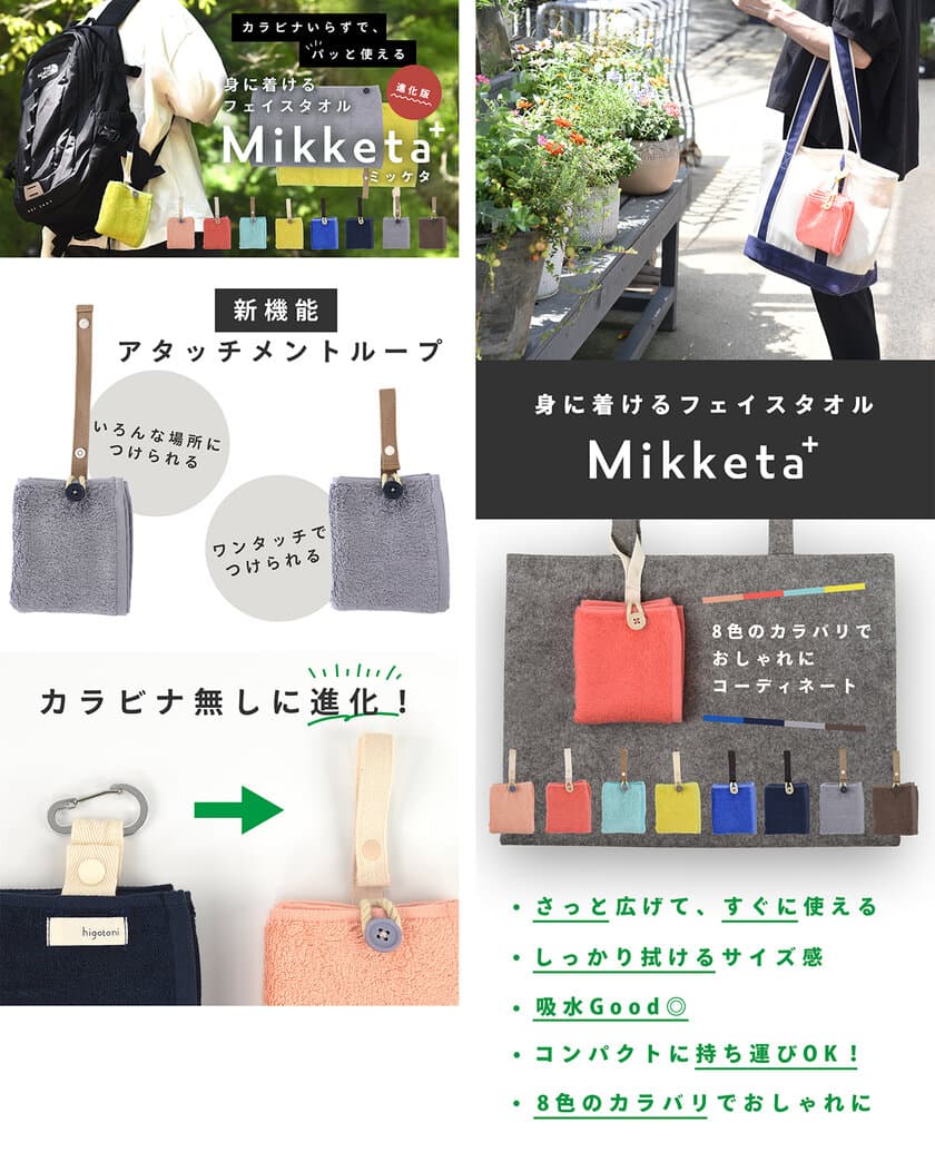 “身に着ける”フェイスタオル『Mikketa』が
新機能を備え、9月3日からMakuakeで販売開始！
～創業110年のタオル専門商社による新たなタオルのご提案～