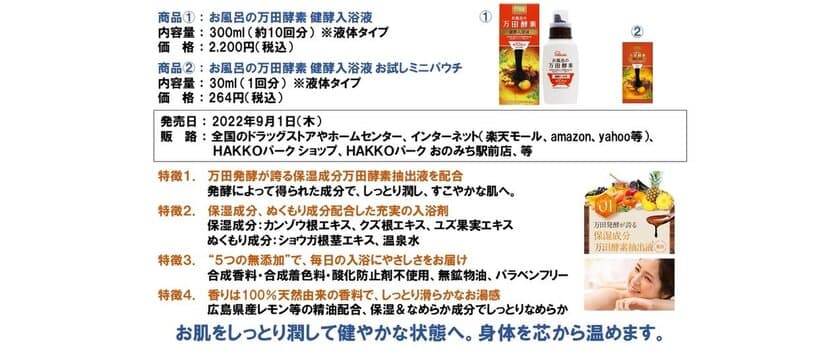 健康食品の万田発酵×化粧品のマックス　コロナ禍で
急拡大した入浴剤市場へ、市場の新しい付加価値となる
万田酵素※を配合した新商品「お風呂の万田酵素」を発売