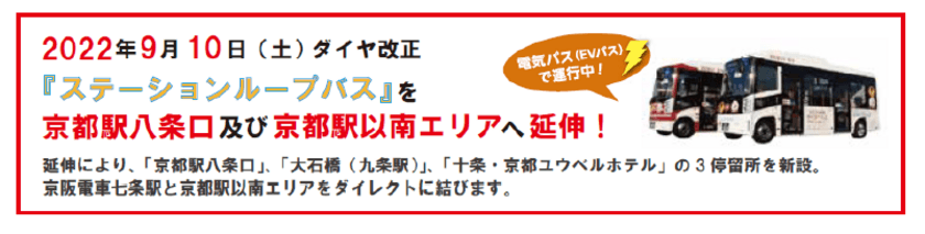 2022年9月10日（土）ダイヤ改正

電気バス(EVバス)で運行中の
『ステーションループバス』を
京都駅八条口及び京都駅以南エリアへ延伸！