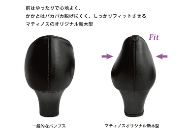 従来品よりもかかと部分を細く改良