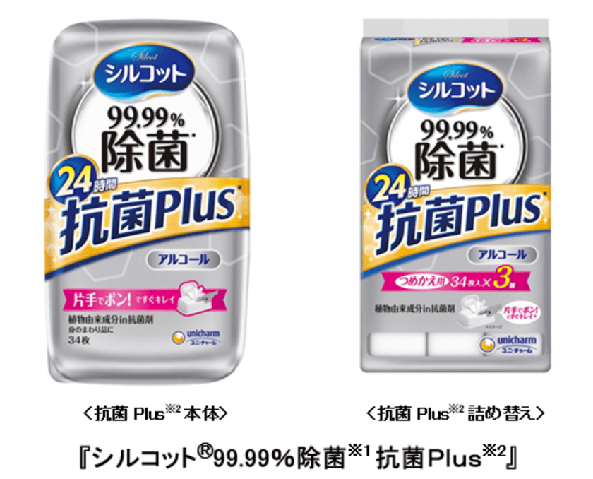 拭くだけで24時間菌の増殖を抑制できる
『シルコット(R)99.99％除菌※1抗菌Plus※2』 新発売