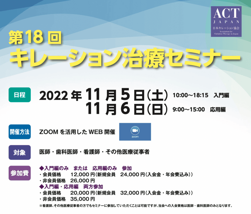 日本キレーション協会主催
『第18回キレーション治療セミナー』開催　
医師・歯科医師向け
Zoomオンラインセミナー 2022年11月5日(土)・6日(日)